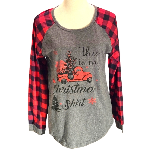 Buffalo Plaid Red & Black Sleeves Gray Shell Holiday Long Sleeve Tee Women M - Picture 1 of 10